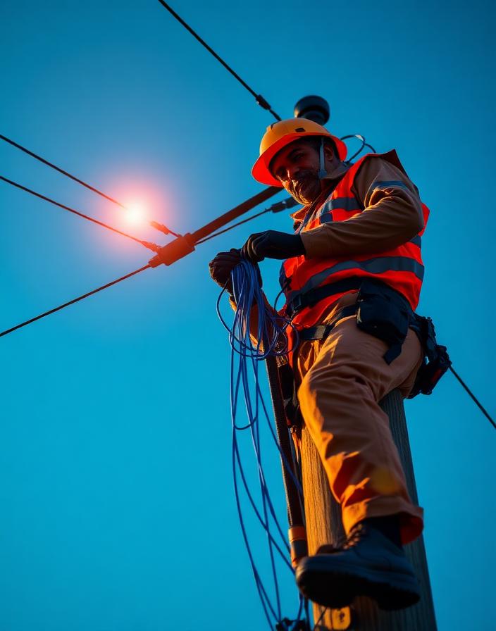 Técnico de fibra óptica trabalhando em poste